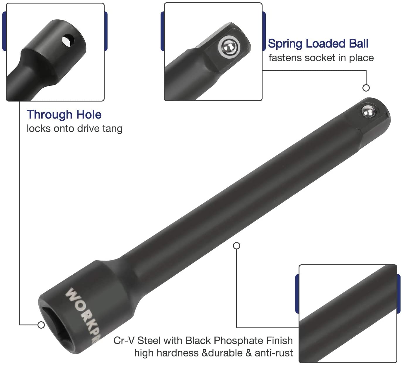 WORKPRO Cr-V steel extension bar with through-hole drive tang, black phosphate finish