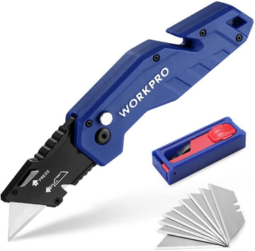 Blue folding utility knife with black blade and spare blade case included.