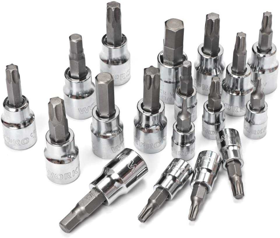 Chrome hex socket bits with drive ends, assorted sizes