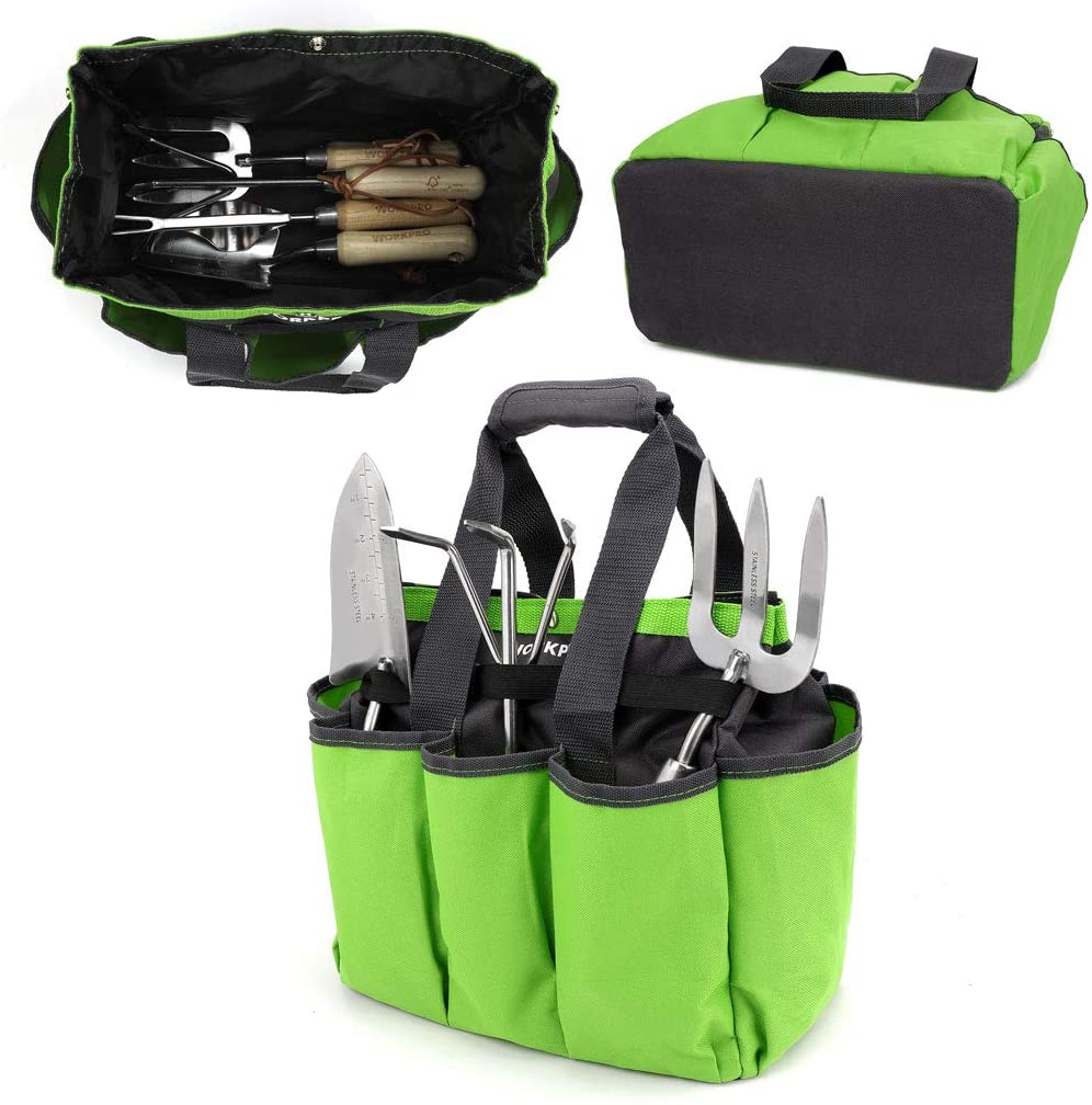 Green garden tool tote bag holding hand tools in front pockets and side slots