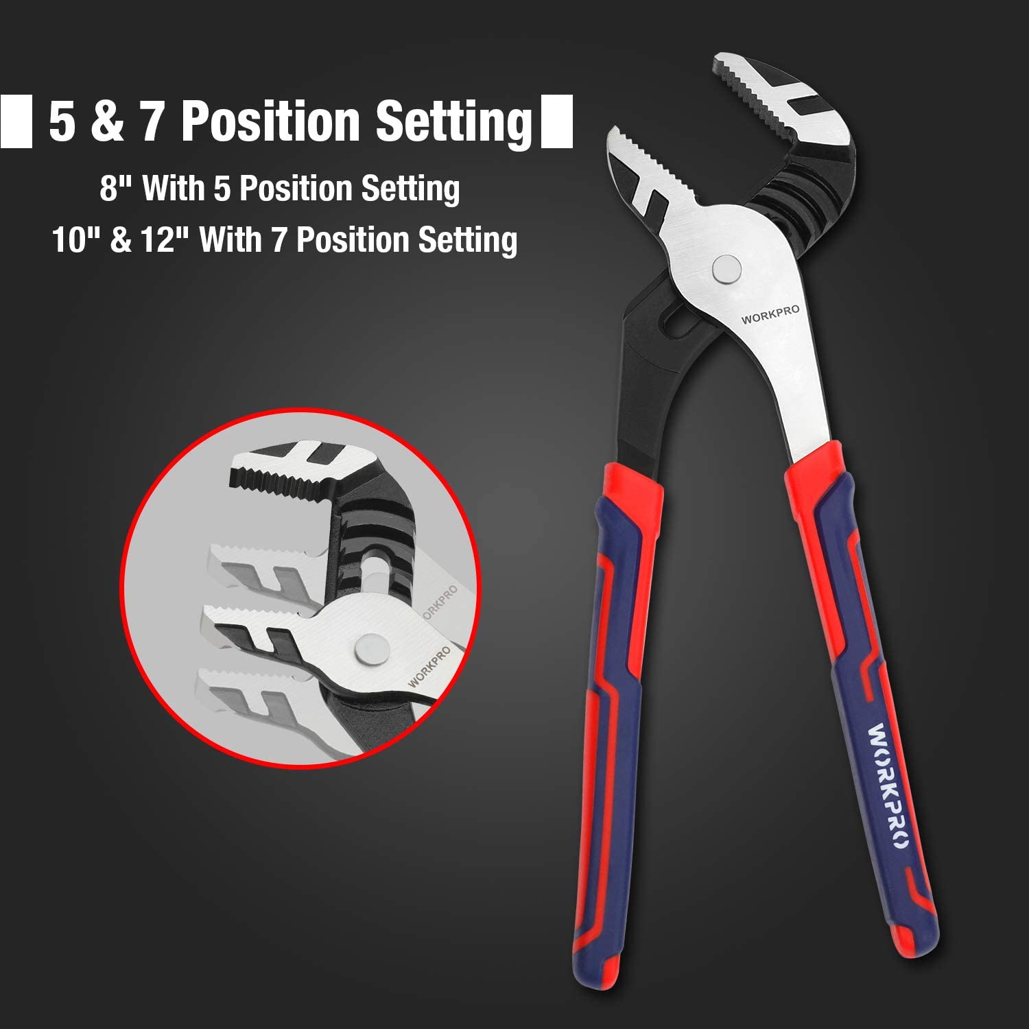 WORKPRO groove joint pliers set with red-blue anti-slip handles, adjustable jaw positions