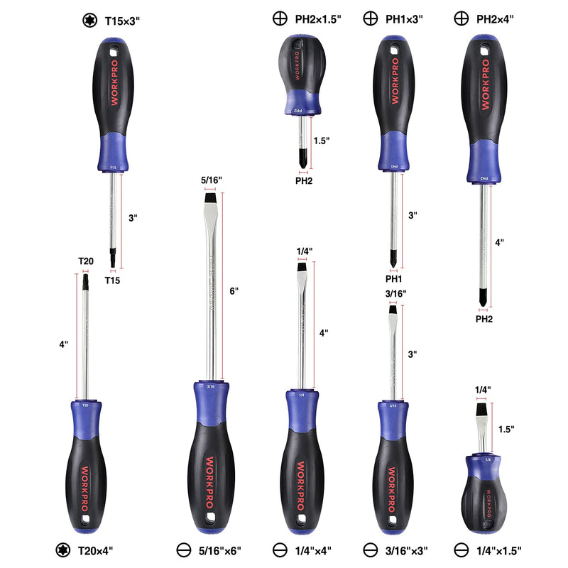 WORKPRO 20V Cordless Impact Wrench & 5 Pcs Pliers Set & 16 Pcs Magnetic Screwdriver Set & 3 Pcs Adjustable Wrench Set