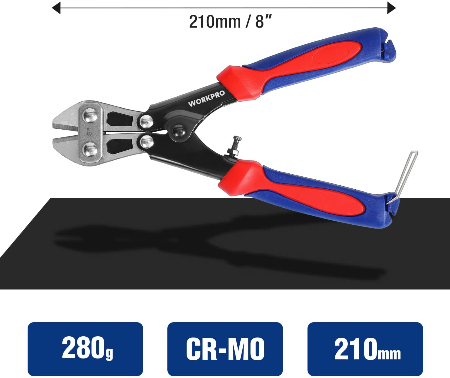 8-inch (210mm) mini bolt cutter with blue and red insulated handles and steel jaws