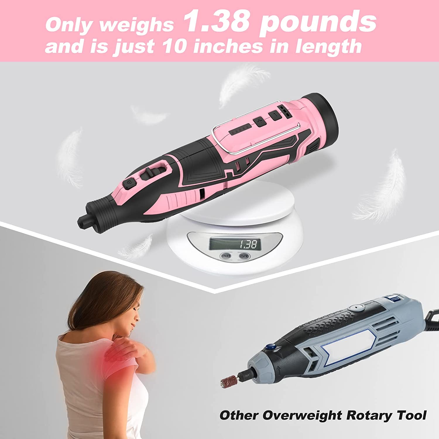 Pink cordless rotary tool resting on a scale showing weight and length