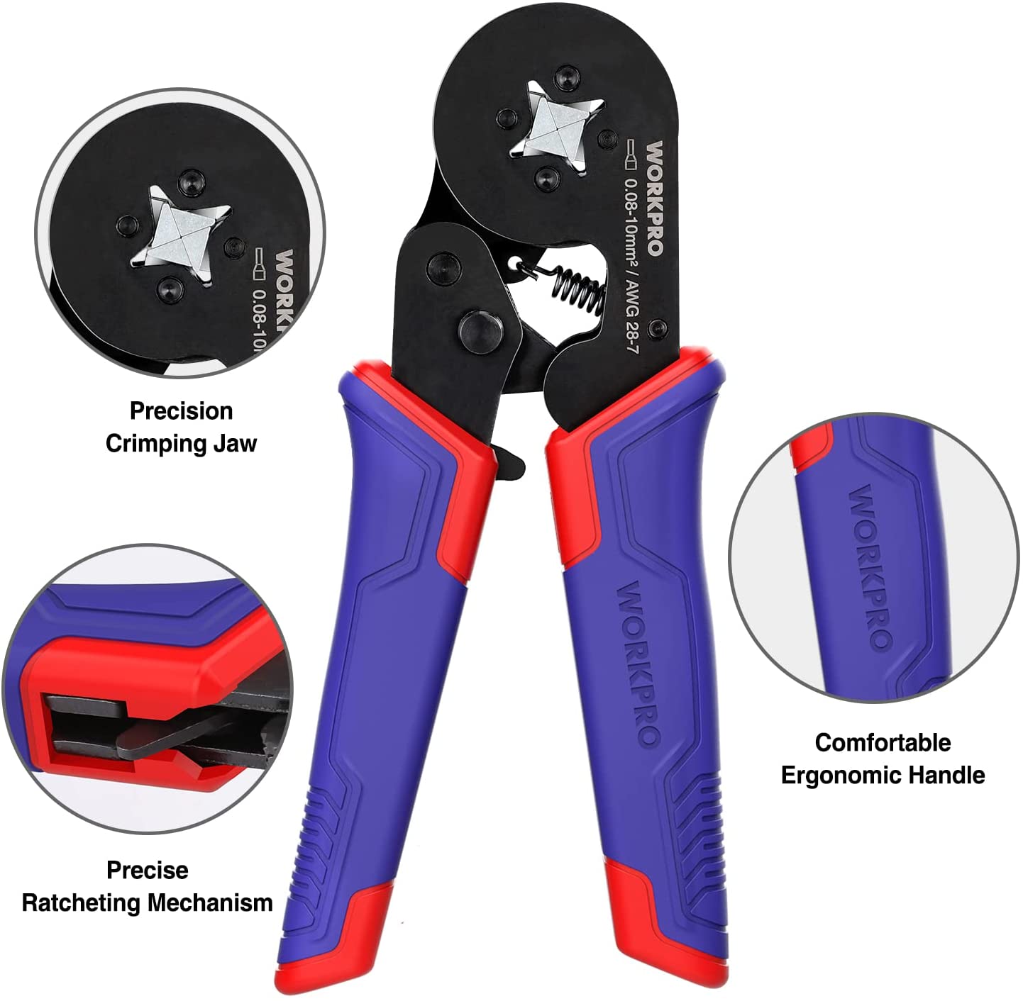 Wire crimping tool showing precision jaw, ratcheting mechanism, ergonomic handle