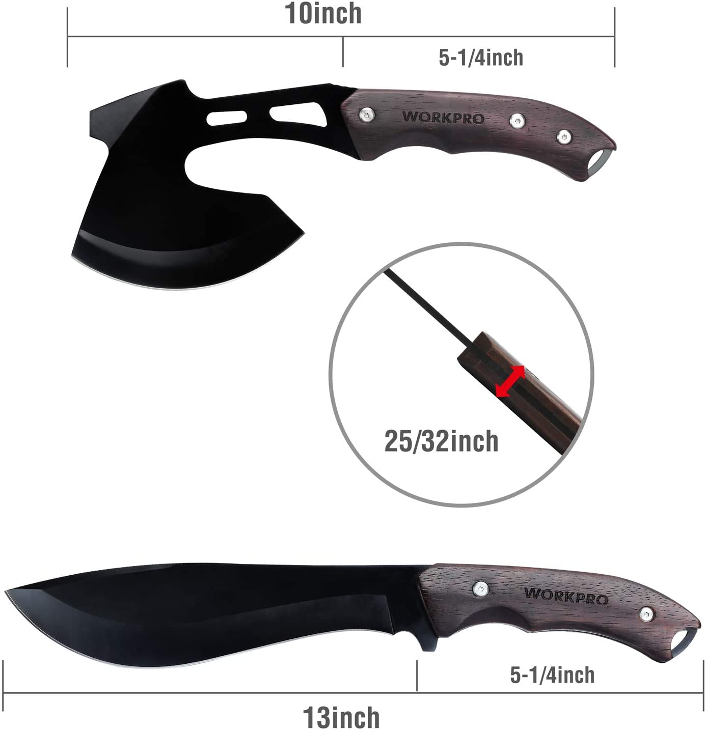 Axe and fixed-blade knife set with wooden handles and black nylon sheath