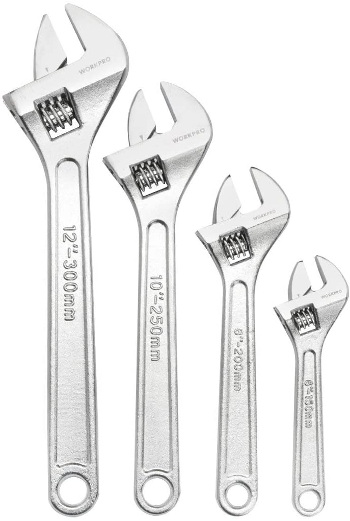 WORKPRO 4 Pcs Adjustable Wrench Set in chrome plated steel with durable 4-sided C-shaped jaw design