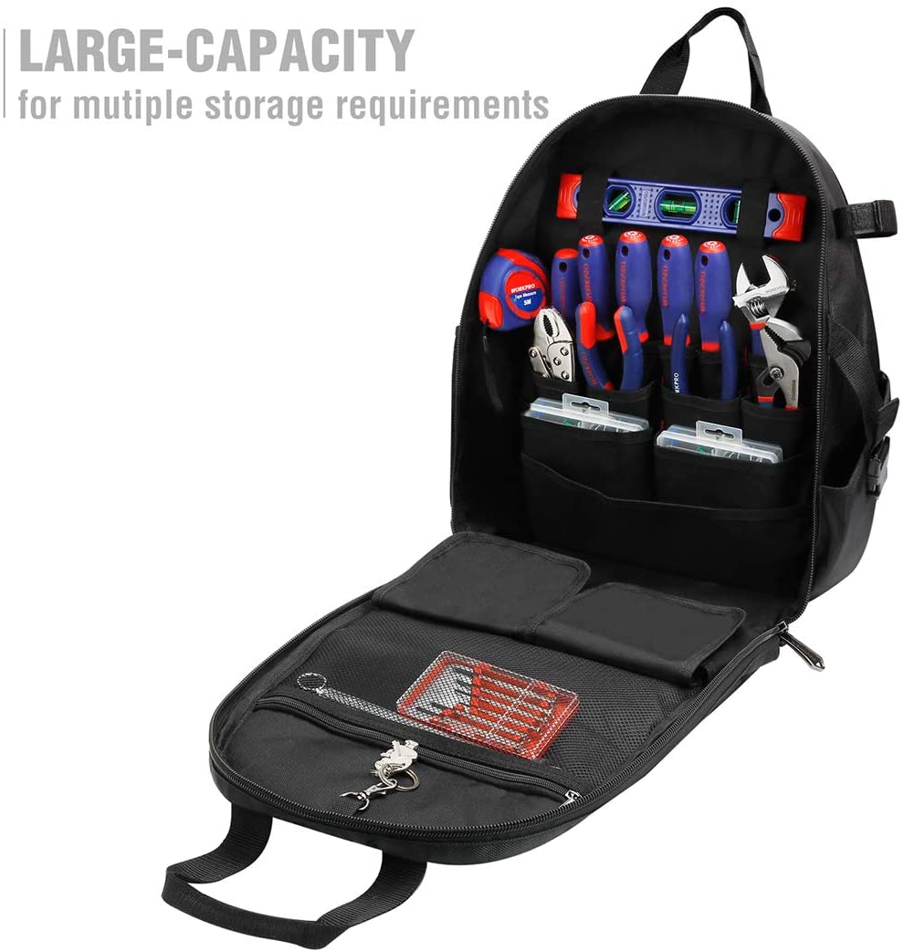 WORKPRO open tool backpack with multiple interior slots and fold-out organizer panel