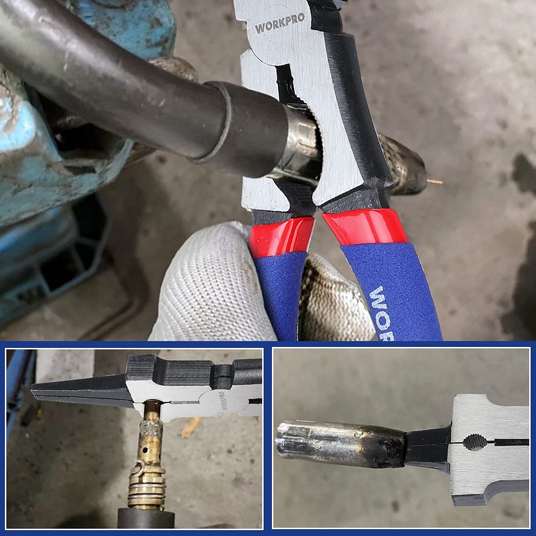 WORKPRO welding pliers clamping a metal pipe, blue/red handles, textured serrated jaws