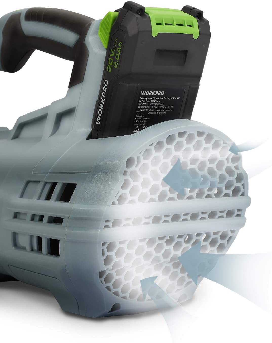 Cordless leaf blower battery pack and honeycomb vent on light blue body