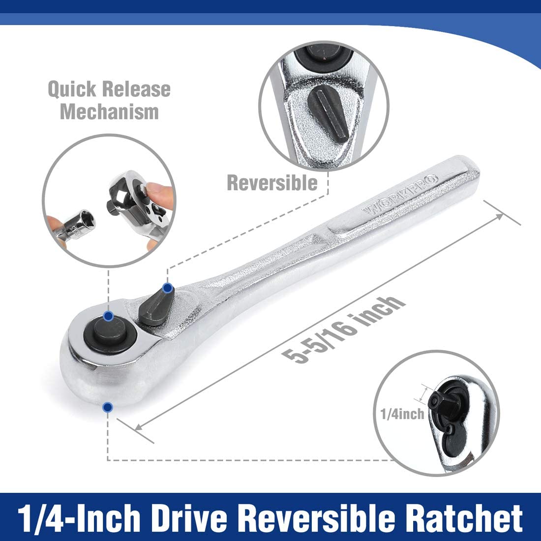 Reversible quick-release 1/4-inch drive ratchet tool with chrome finish