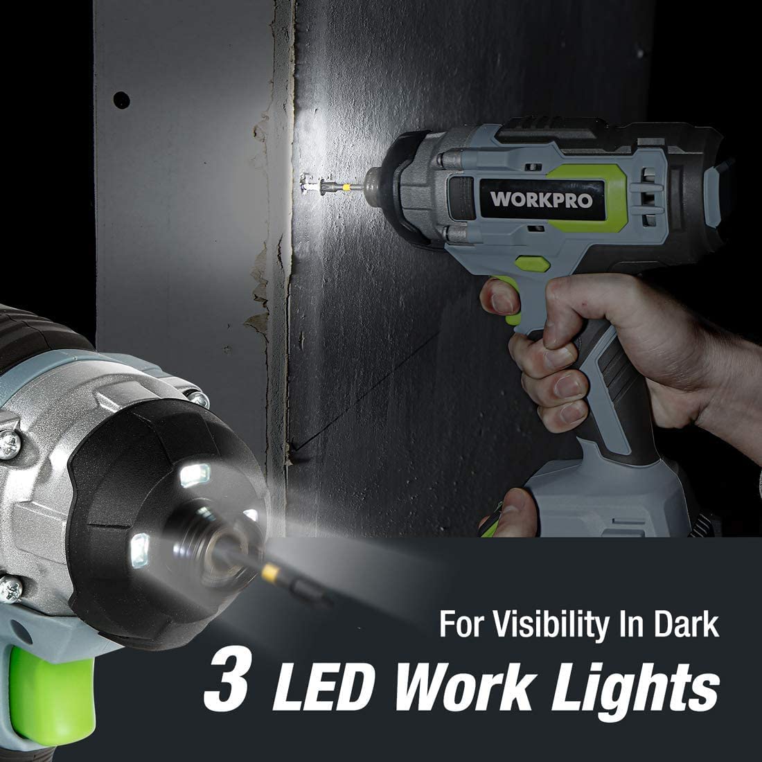 Cordless drill driver with three LED work lights, green grip and keyless chuck