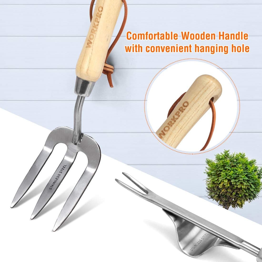 Stainless steel garden cultivator and hand fork with wooden handles for weeding