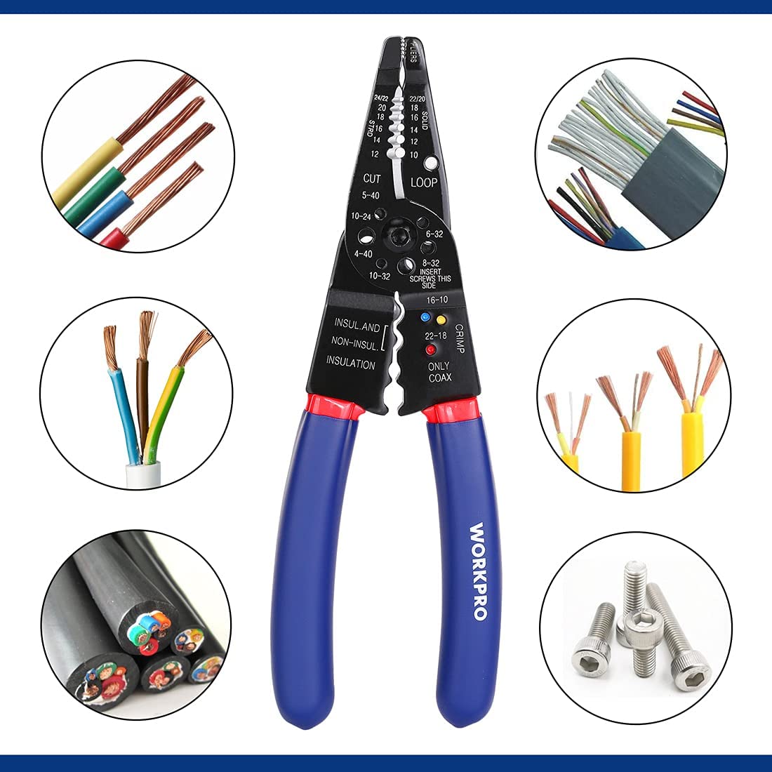 Wire stripper set with red/blue handles and black gauge head, shown with wire and part samples