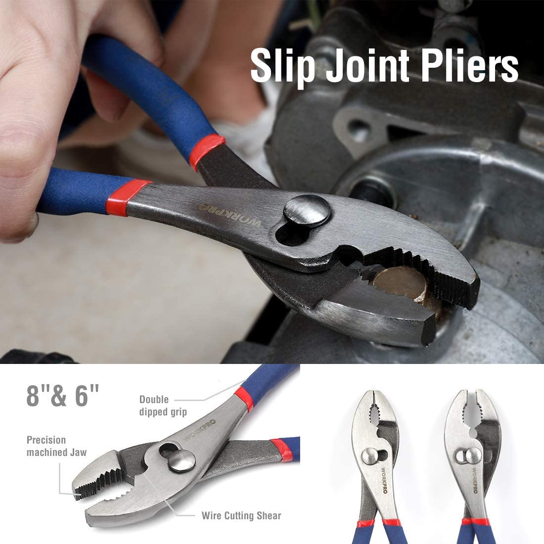 WORKPRO 7 Pcs Multifunction Pliers Set with blue and red double-dipped non-slip grip, durable quality