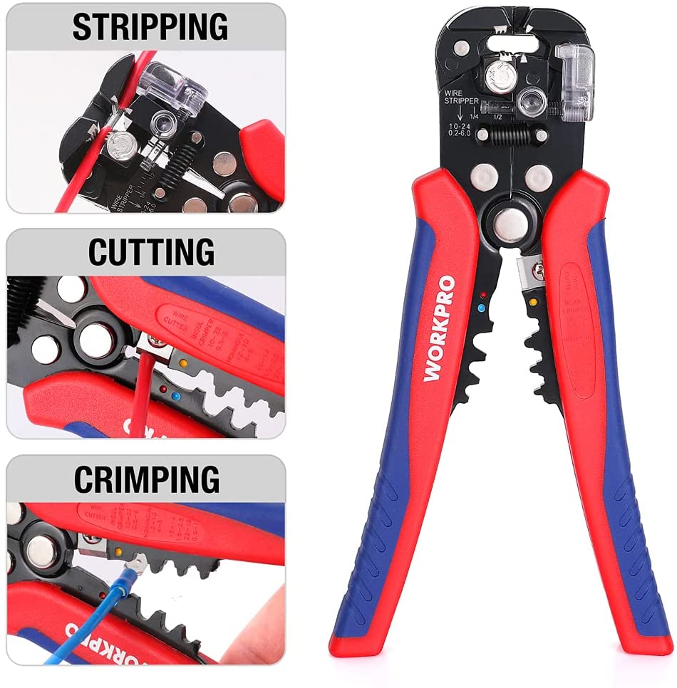 WORKPRO 3-in-1 wire stripper/cutter/crimper tool with transparent cutting head and jaws