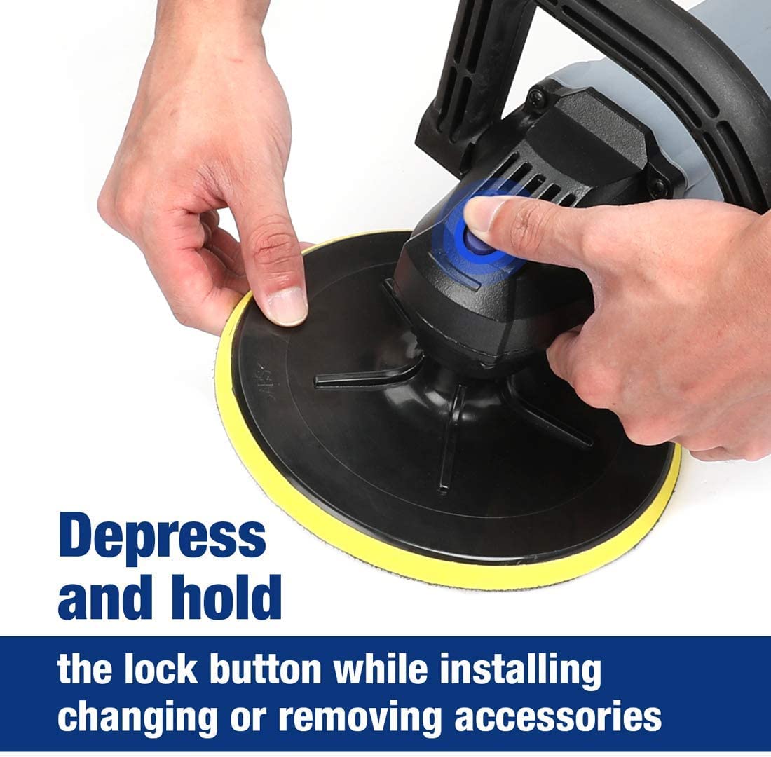 Buffer polisher with hand pressing spindle lock on yellow-rim backing pad