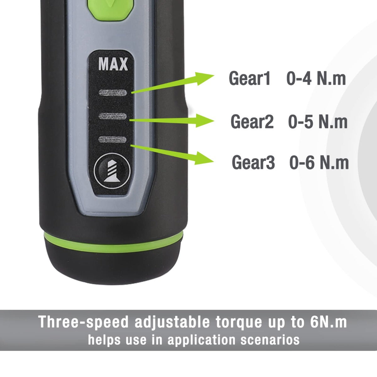 Rechargeable electric screwdriver body with torque gear settings and MAX marker, black