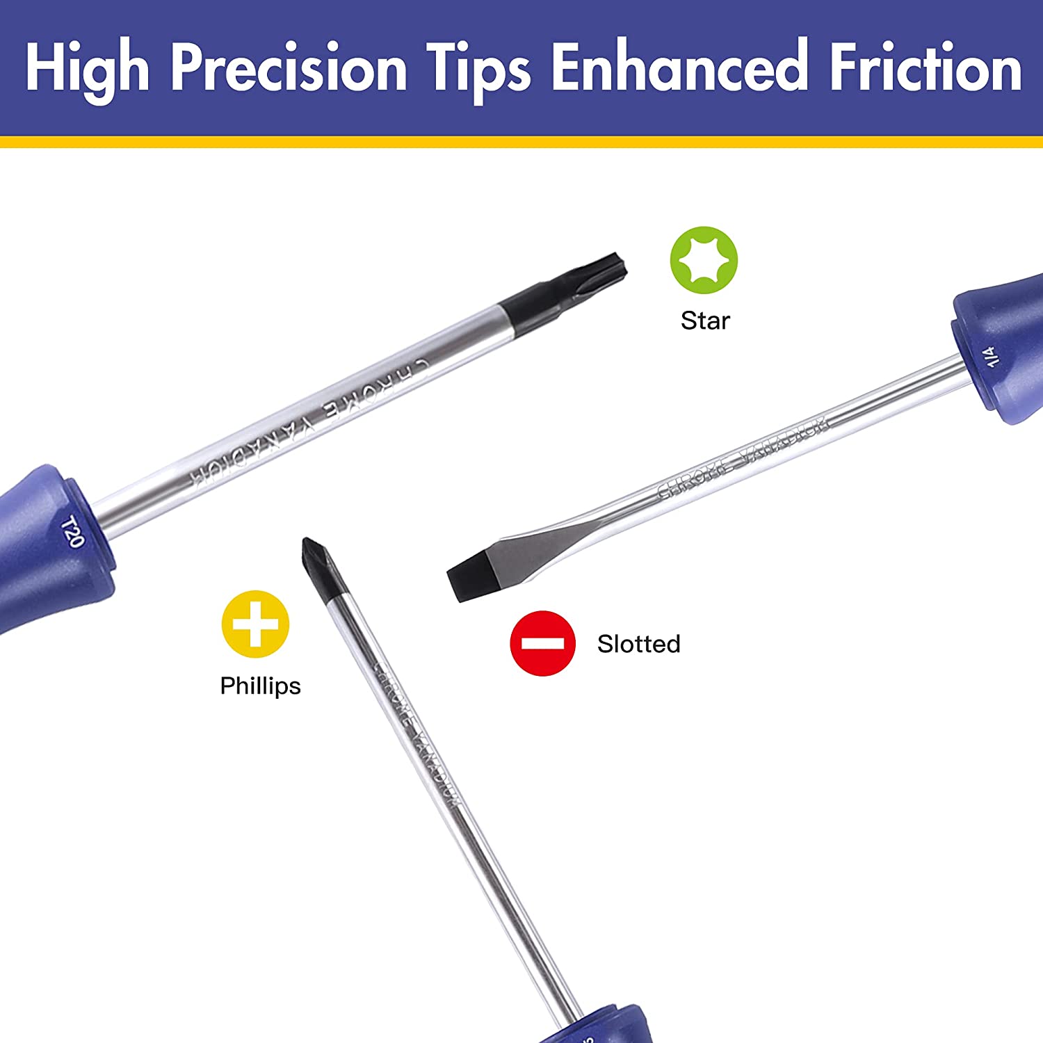 Magnetic screwdriver tips set showing Phillips and slotted bits, silver shafts, blue grips