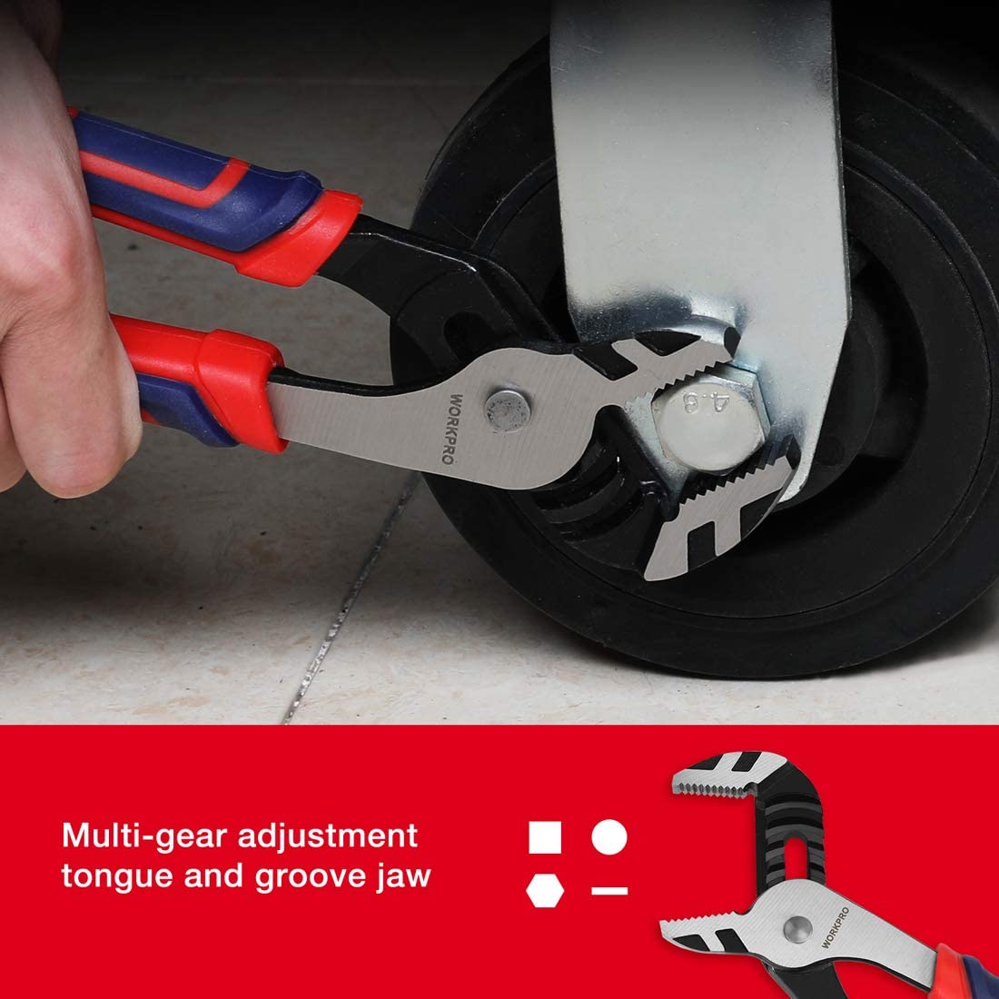 Adjustable water pump pliers gripping a round metal part, black jaws and red/blue handles