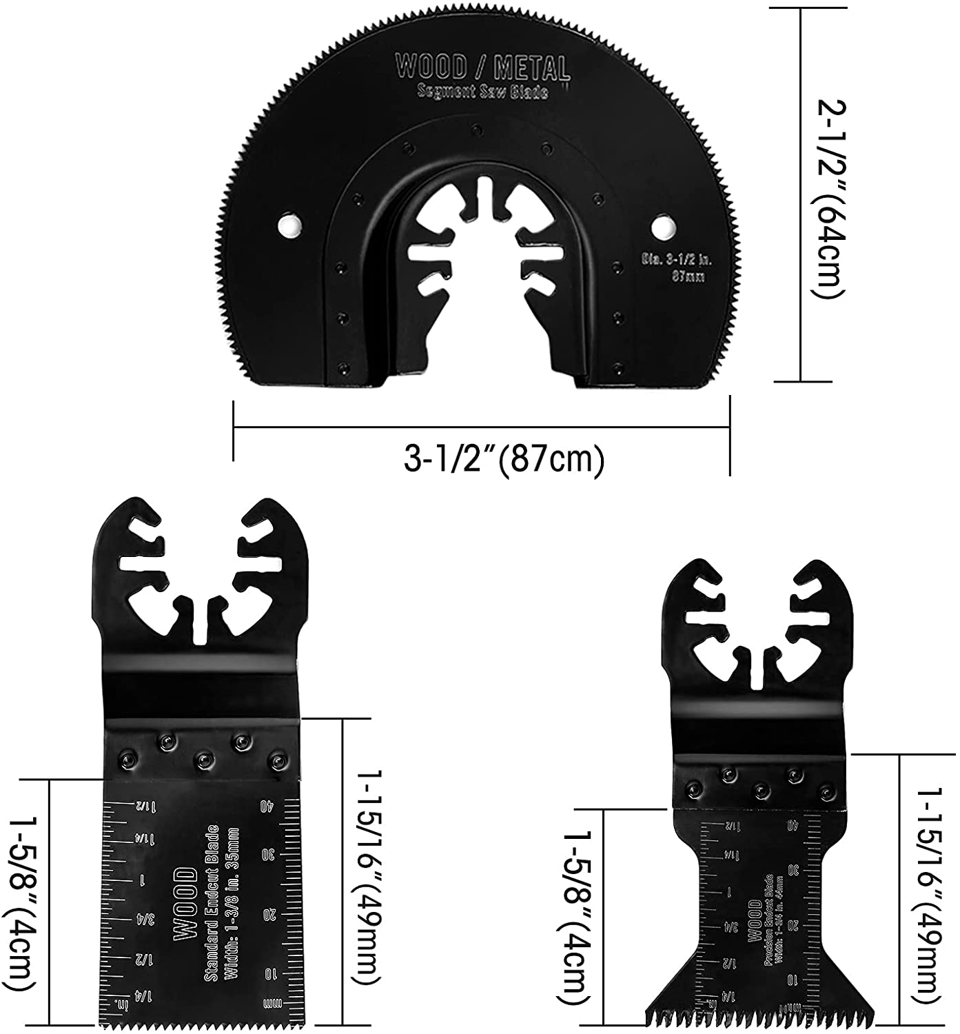 Oscillating saw blade set, black bi-metal blades with wood/metal tooth edges and labels