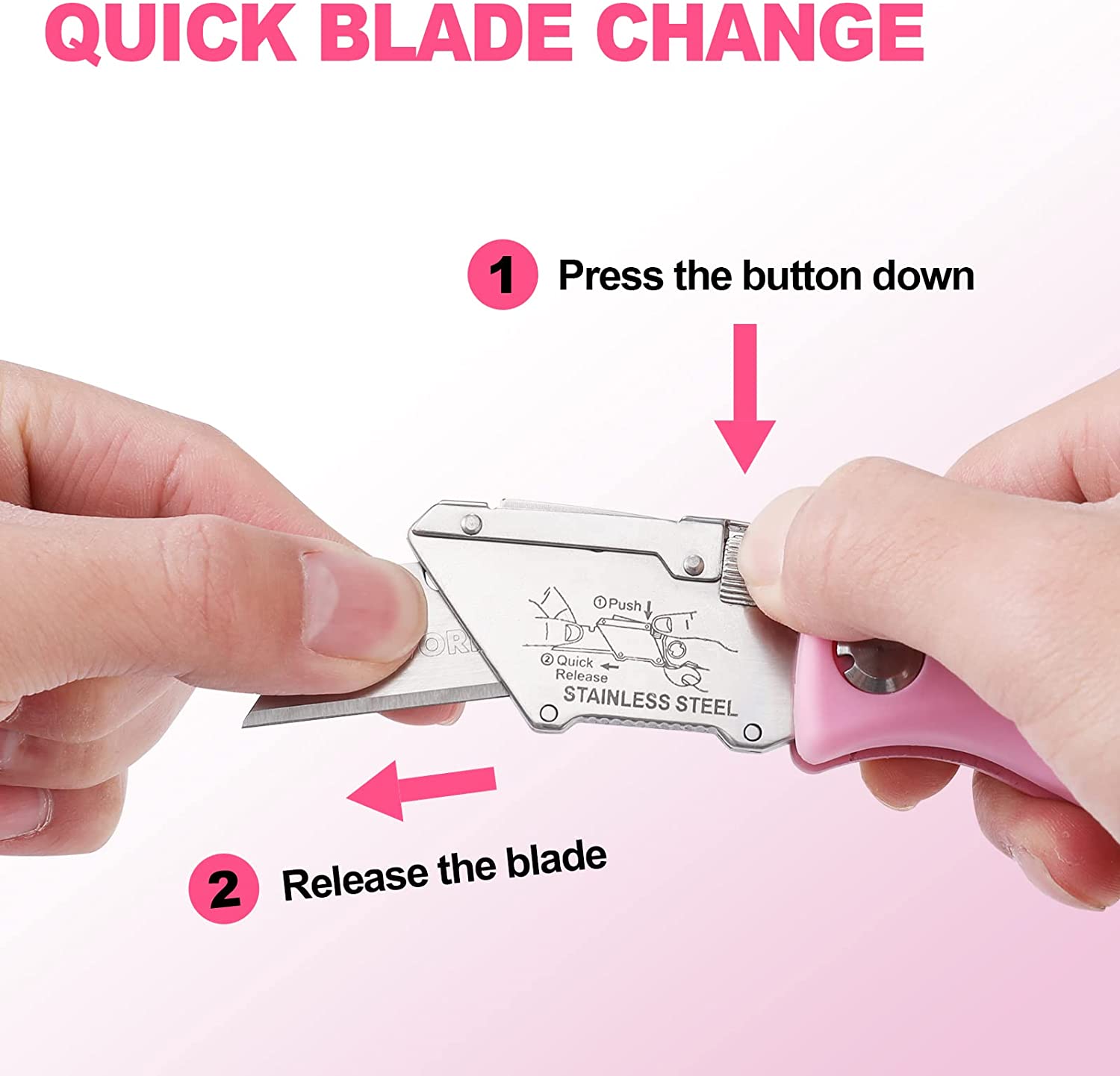 Pink folding utility knife with quick-change blade, shown pressing and releasing