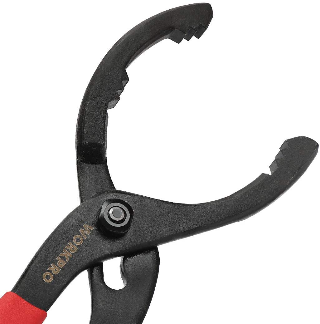 Black curved slip-jaw head of adjustable oil filter pliers with pivot screw