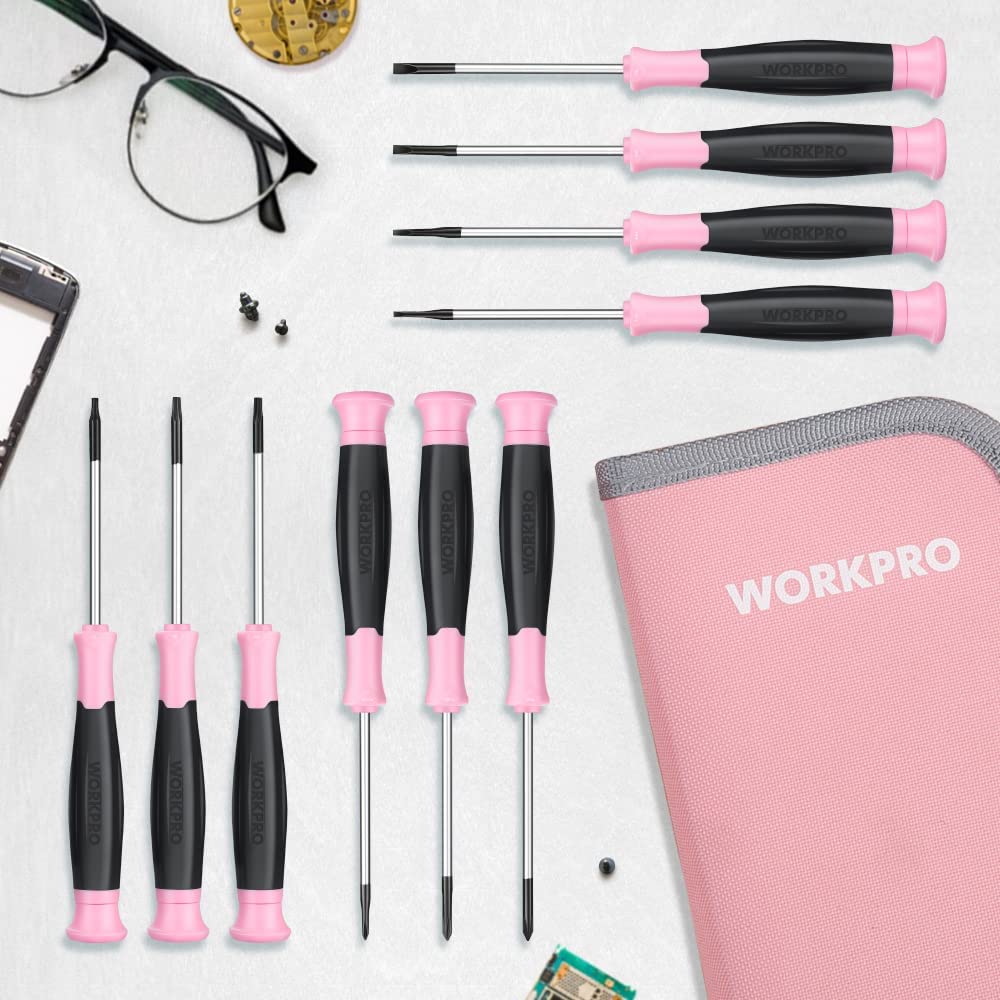Precision screwdriver set with pink handles, slim shafts, and a pink zip pouch