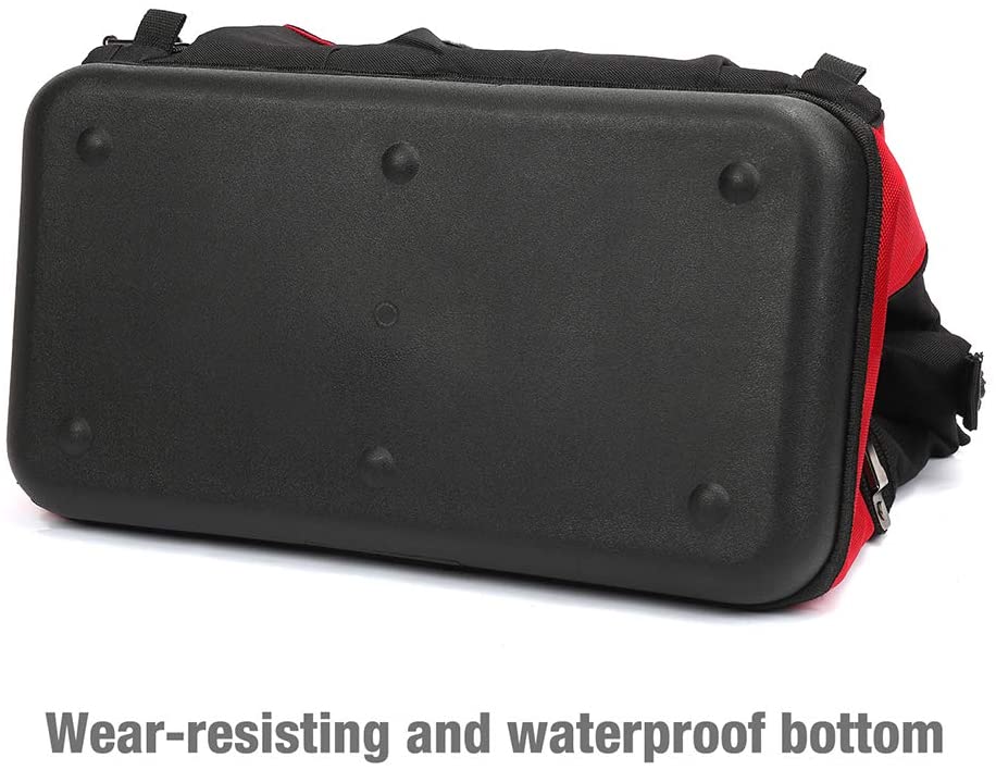 Tool bag with thick black waterproof rubber base and red-and-black side panels