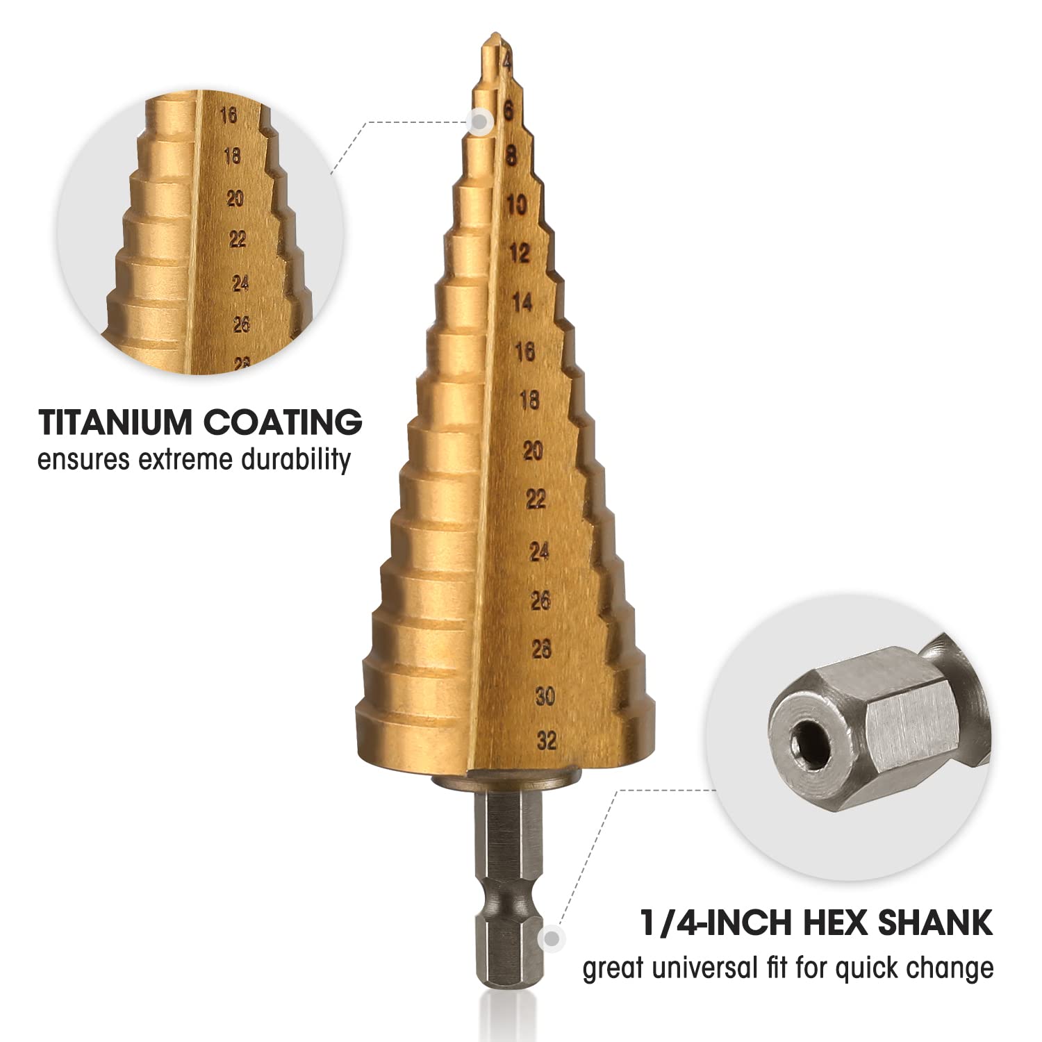 Titanium-coated step drill bit set with 1/4-inch hex shank and stepped drilling range
