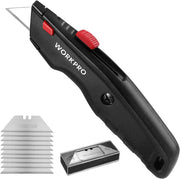 Retractable utility knife with black handle, red button, and stacked spare blades