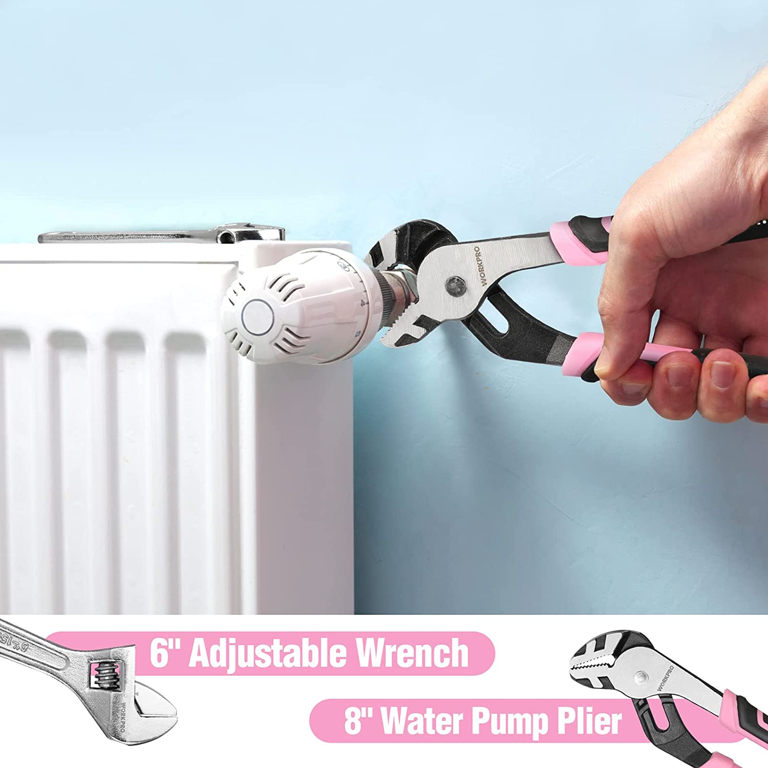 Pink-handled adjustable wrench and water pump pliers gripping a fixture