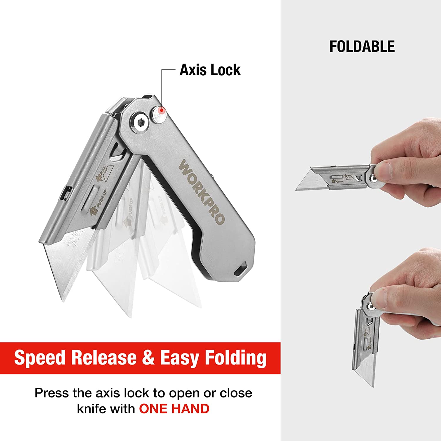 Axis-lock foldable utility knife with hands pressing to open and close the blade