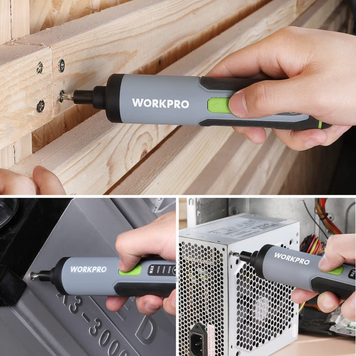 Rechargeable electric screwdriver with LED switch, held while driving screws in wood