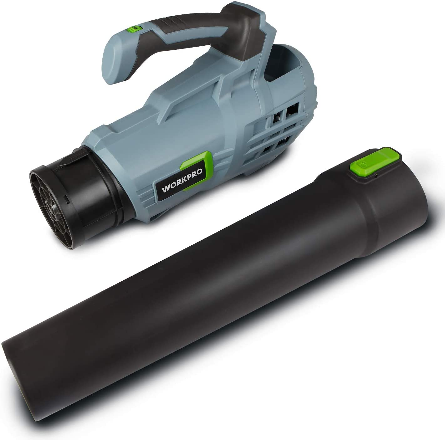Cordless leaf blower with removable black tube attachment, light blue housing and green accents