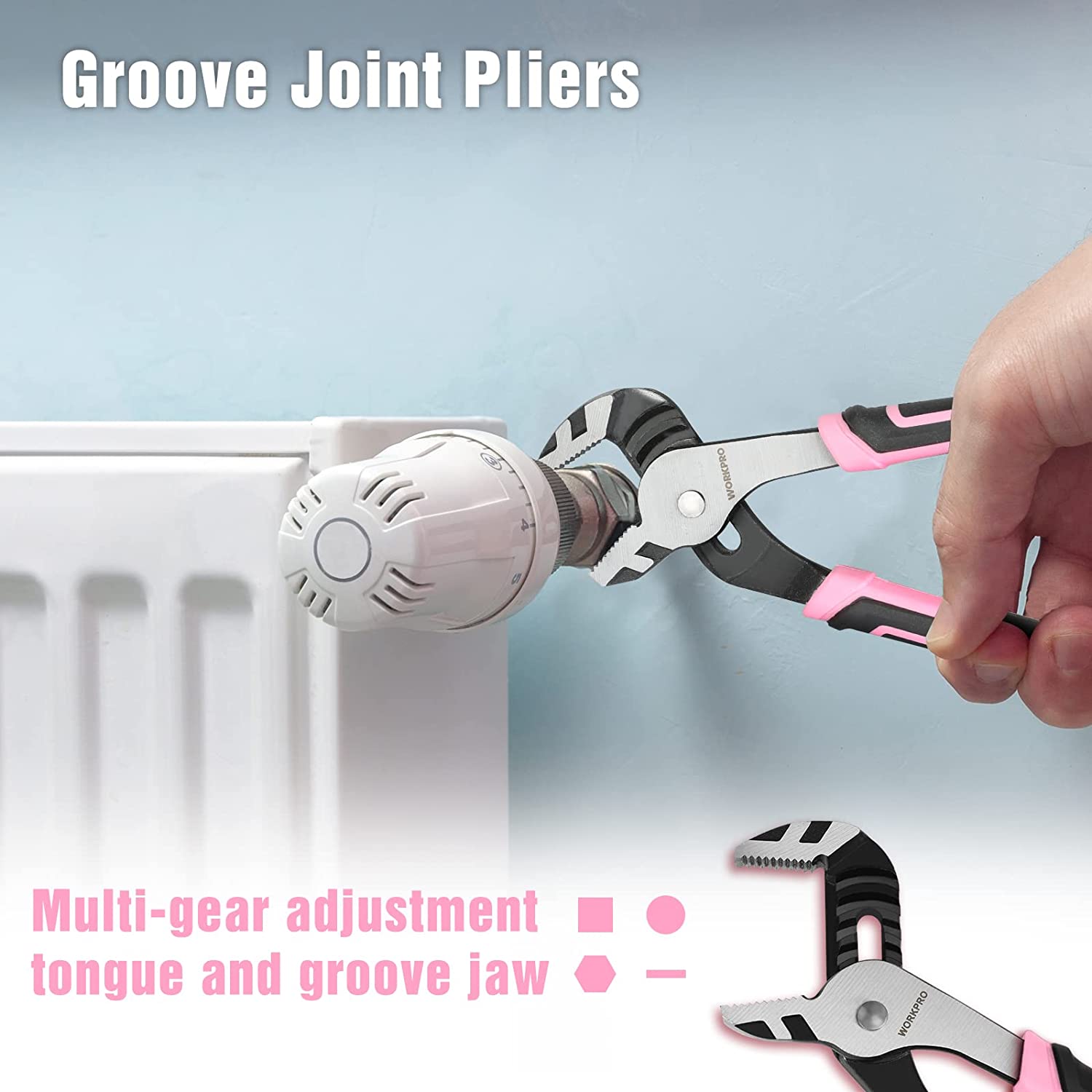 Pink-handled groove joint pliers with adjustable knob near a radiator valve