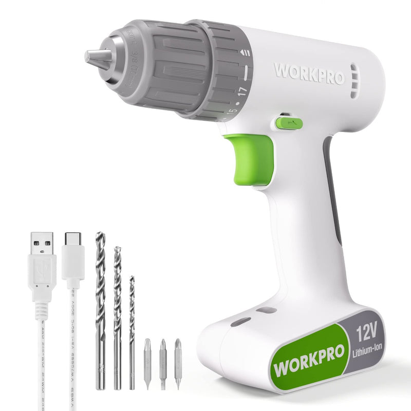 WORKPRO 12V Cordless Drill Driver Set with 6 Pcs Bits, 3/8-Inch Keyless Chuck, Variable Speed, 18 Touque Setting