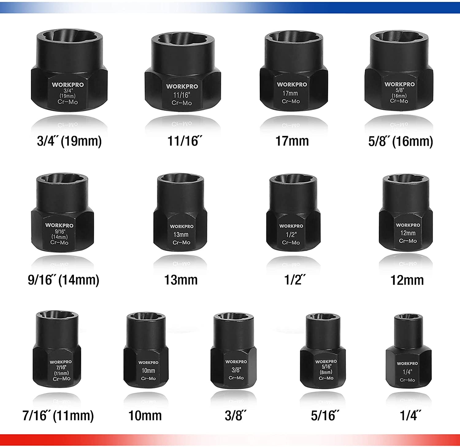 WORKPRO black impact bolt remover set, multiple impact sockets with size markings
