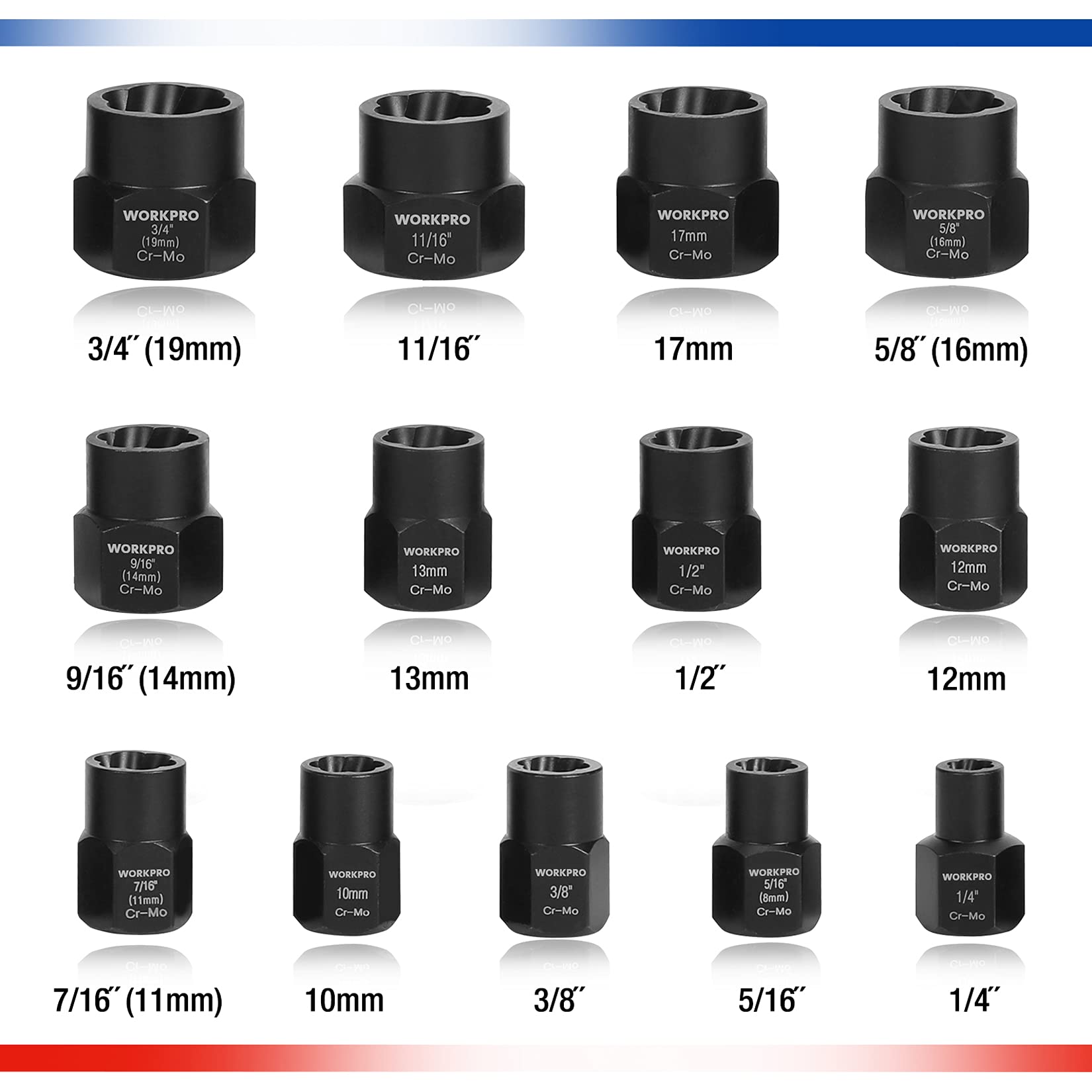 Black socket adapter set showing sizes from 3/4 in (19 mm) to 1/4 in