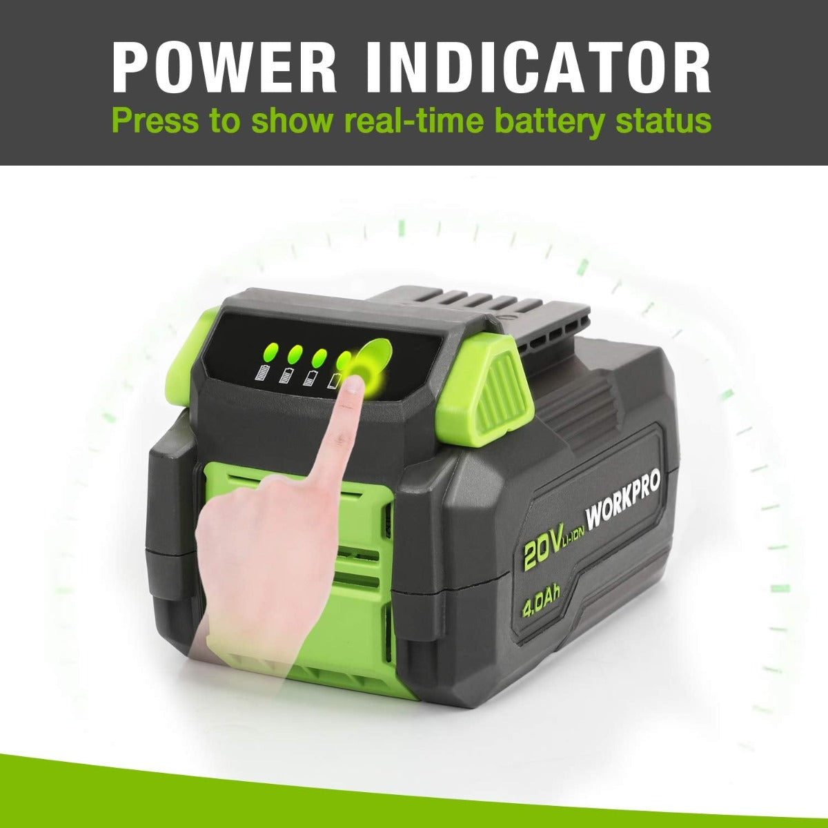 Green and gray 20V lithium-ion battery pack with power indicator LEDs