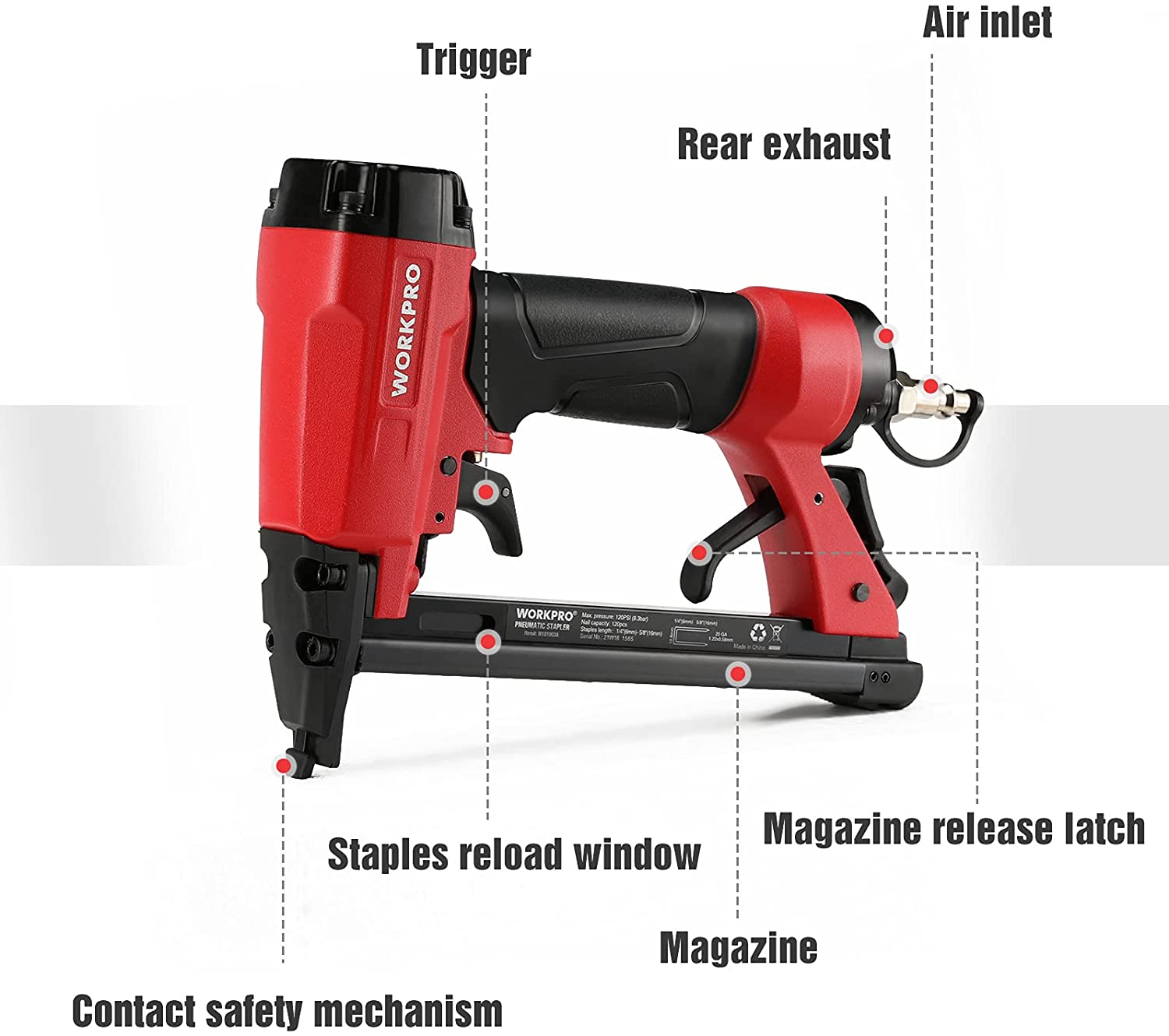 Pneumatic red and black staple gun with trigger and contact safety nose