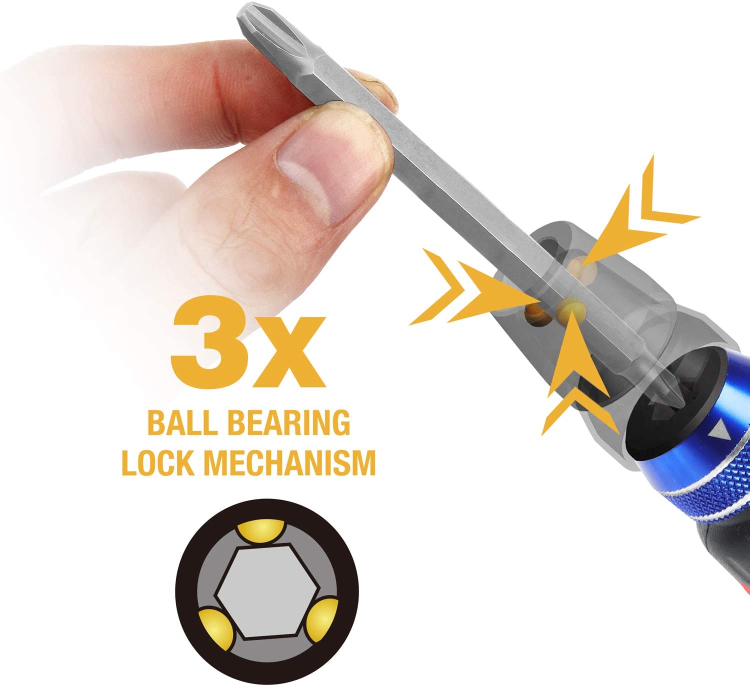 Ratcheting screwdriver with silver bit and blue ring, showing ball bearing lock mechanism