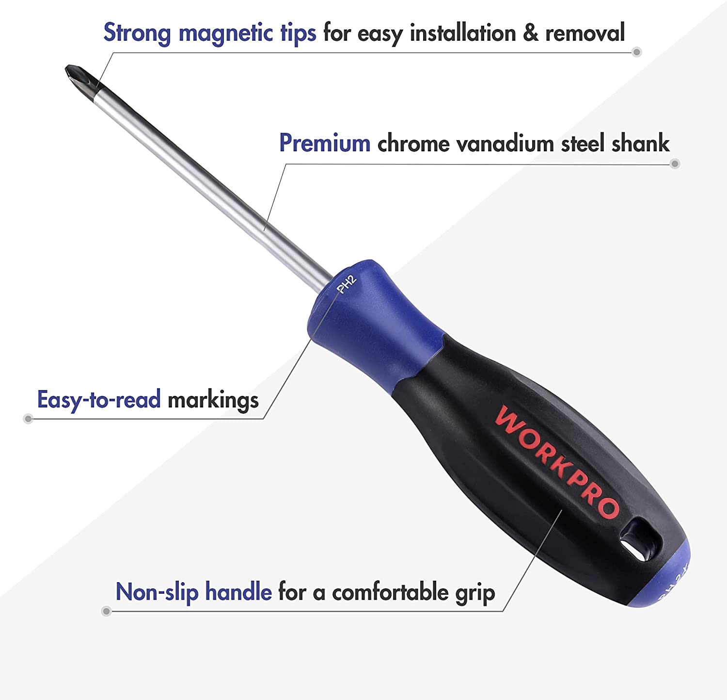 Blue and black magnetic screwdriver with chrome shaft, non-slip handle and grip label