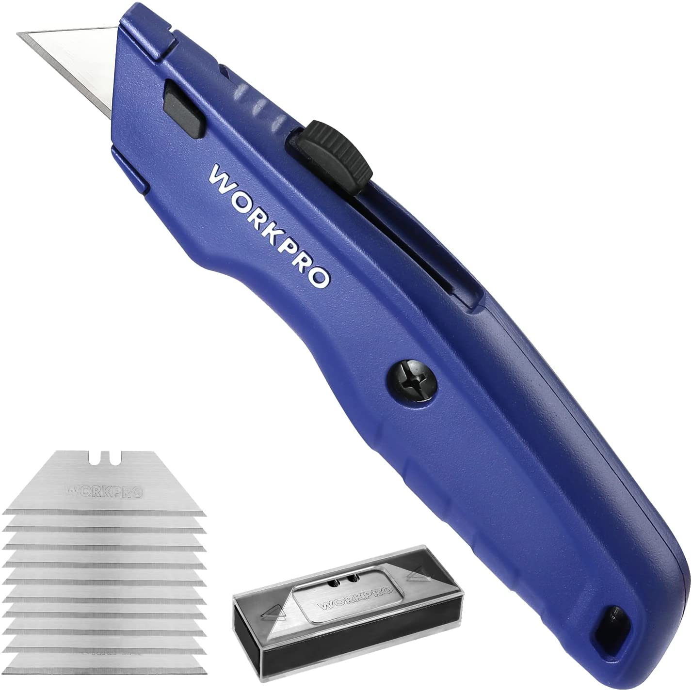 Blue retractable utility knife with black thumb slider, extra blades and storage case
