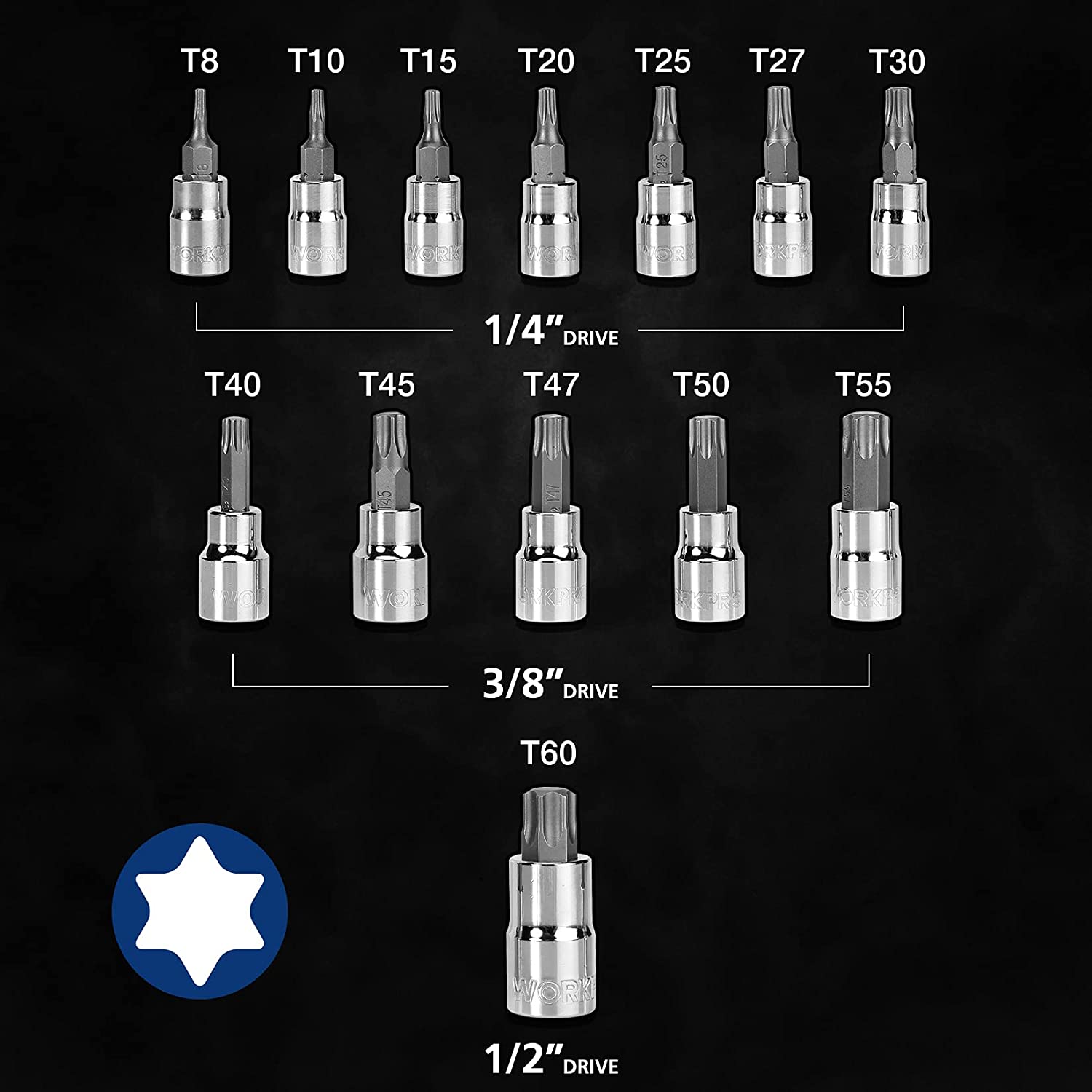 Torx bit socket set with 13 sockets, labeled T8–T60 and 1/4, 3/8, 1/2 drive