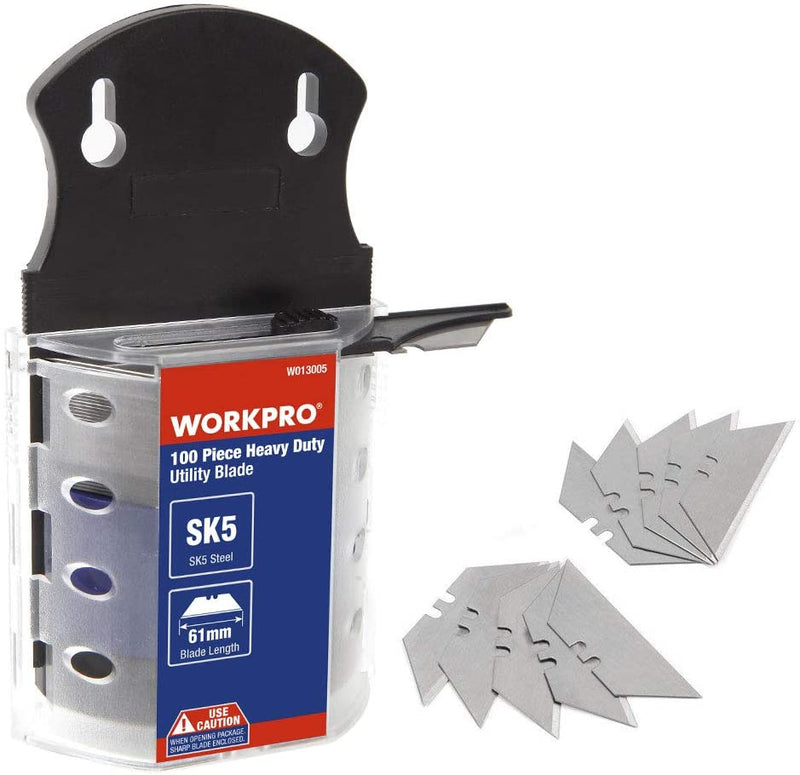 WORKPRO 100 Pcs Utility Knife Blades SK5 Steel with Dispenser