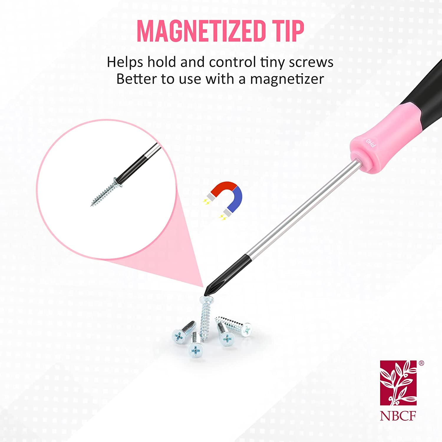 Magnetized tip precision screwdriver with pink-and-black handle and small screws