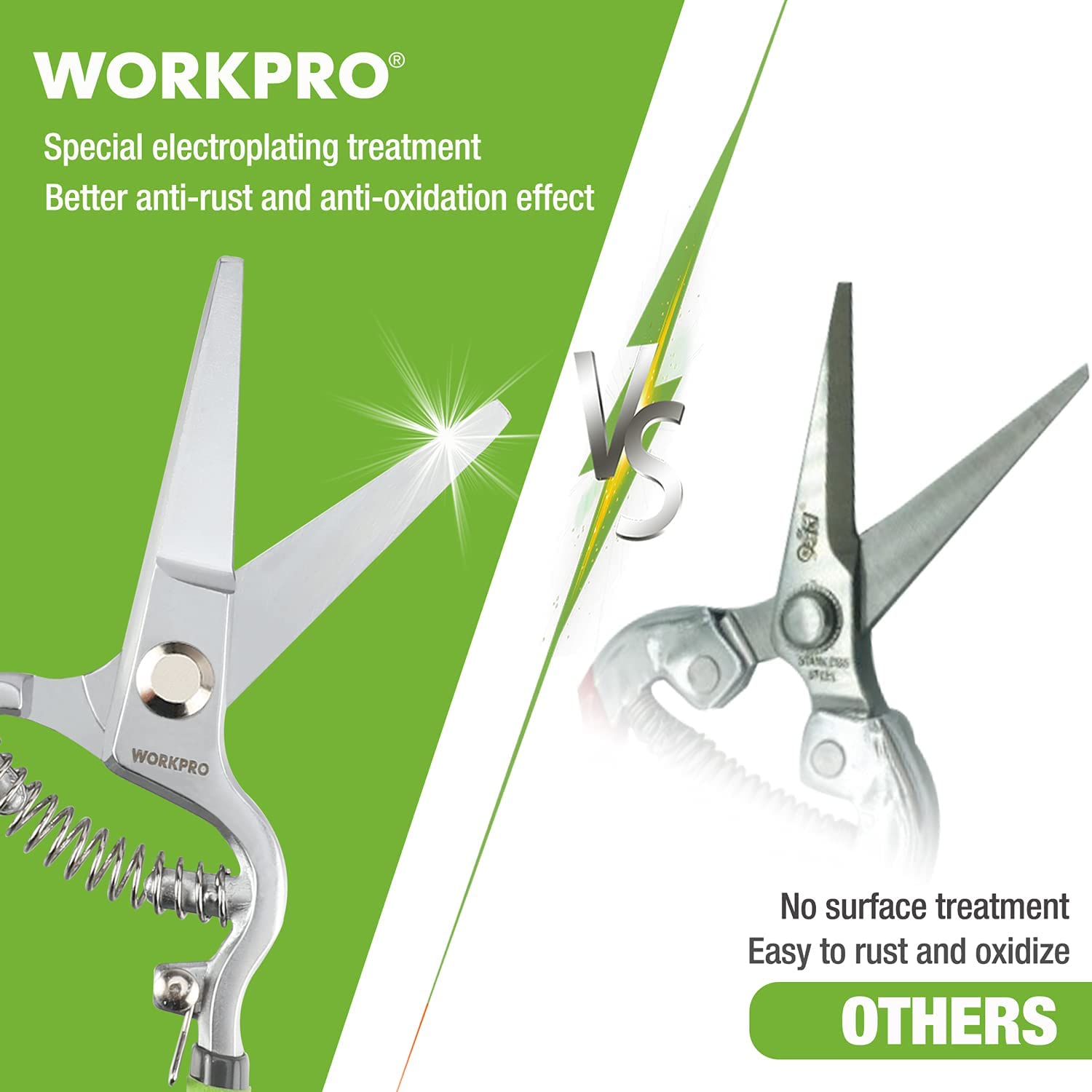 Spring-loaded bypass pruning shears with green handle and silver blades