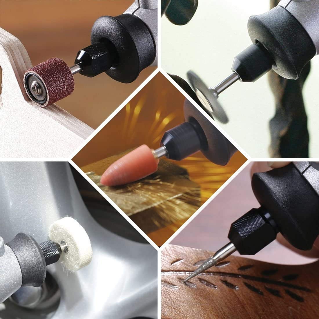 Rotary tool accessory bits sanding, grinding, and cutting on wood and metal surfaces