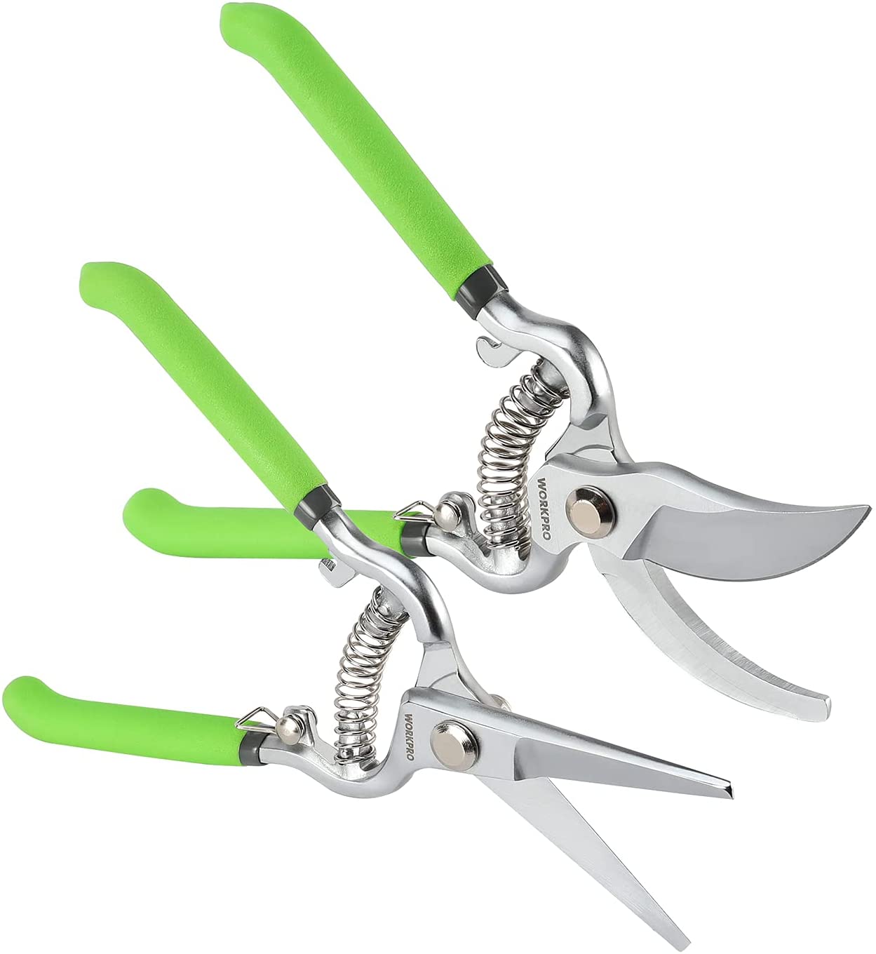 Two pruning shears with green grips, silver bypass/straight blades, and springs